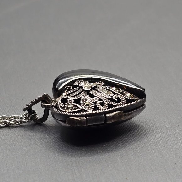 VTG FAS Sterling Silver Marcasite Onyx Heart Locket Pendant 1" Cutouts Signed - Picture 4 of 13